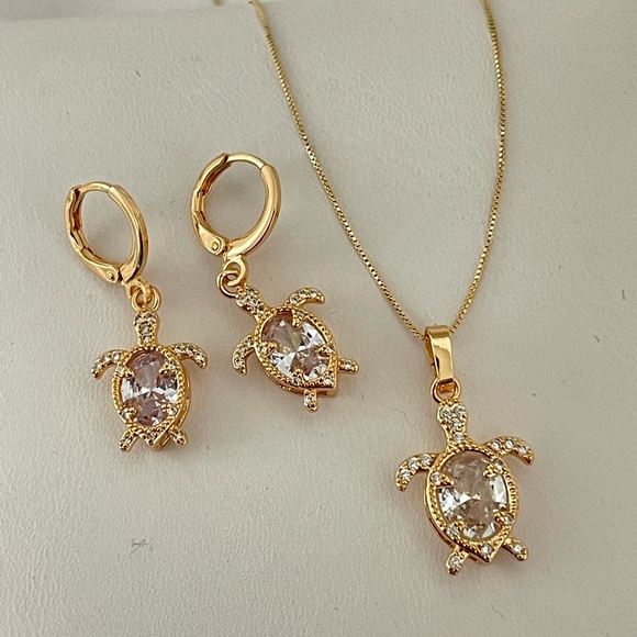 18k Gold Filled CZ Turtle Huggie Earrings & Neckla - Picture 5 of 9